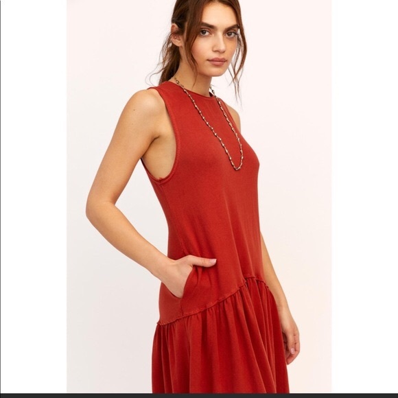 Free People Beach Burnt Orange Boho Dropped Waist Relaxed Fit Midi Dress XS/S - Picture 3 of 15